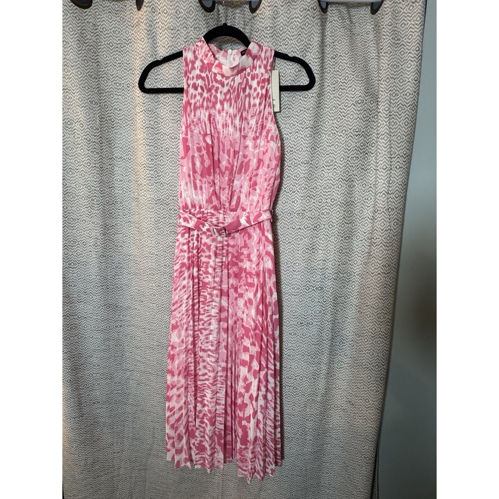 MOTF NWT Pink and White Printed Dress Fit Flare Halter Belt Sleeveless Small